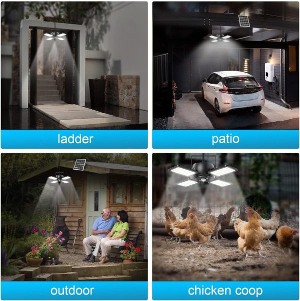 Solar Pendant Light Outdoor Indoor Solar Powered Motion Sensor Shed Light,144LED 1200LM Daytime Work Light with 5 Lighting Modes Remote Control 4 Heads Light for Garage Gazebo Barn (Black)