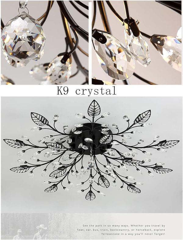 Modern Ceiling Light Crystal Ceiling Pendant Lamp Leaf Flush Mount Ceiling Light Fixture Decorative Chandelier for Dining Room Bedroom Living Room (15-Heads, Black)