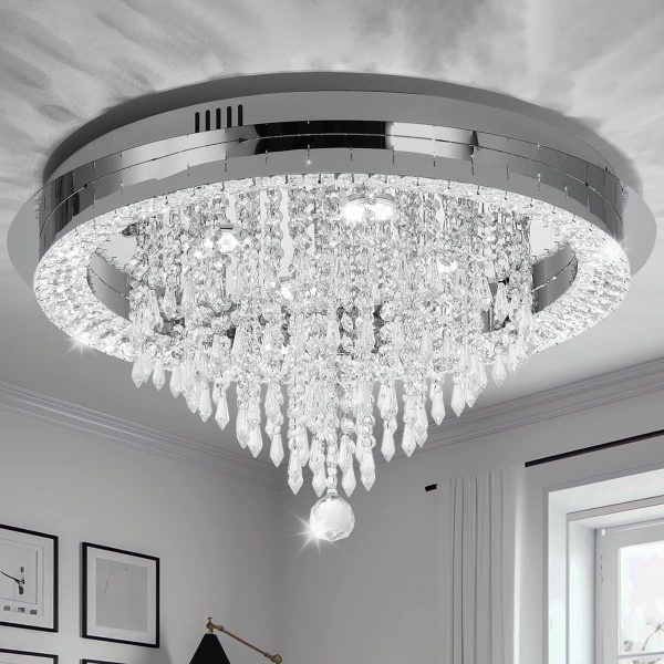 Sunny Hawaii Large Elegant Bead Crystal Chandelier, 24in Modern Led Indoor Ceiling Lamp, Flush Mount Ceiling Light Fixture for Kitchen Bathroom Bedroom Dining Room.
