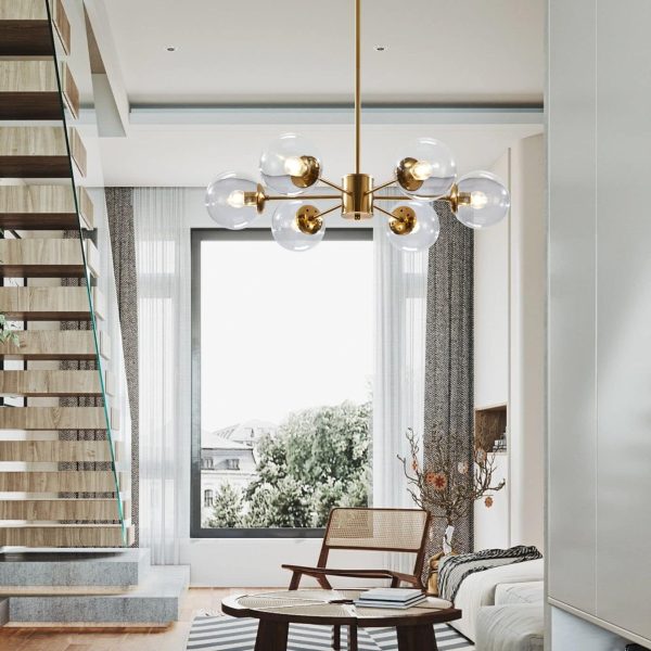 Lighting Modern 6-Light Sputnik Chandelier with Clear Glass Globe Mid Century Adjustable Ceiling Pendant Light Gold Brass Flush Mounted Fixture