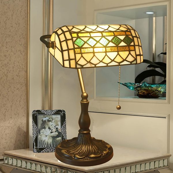 Bankers Table Lamp Stained Glass Piano Desk Lamp Vintage Bedroom Bedside Lamp for Study,Antique Alloy Base,Zipper Switch,Blue Baroque