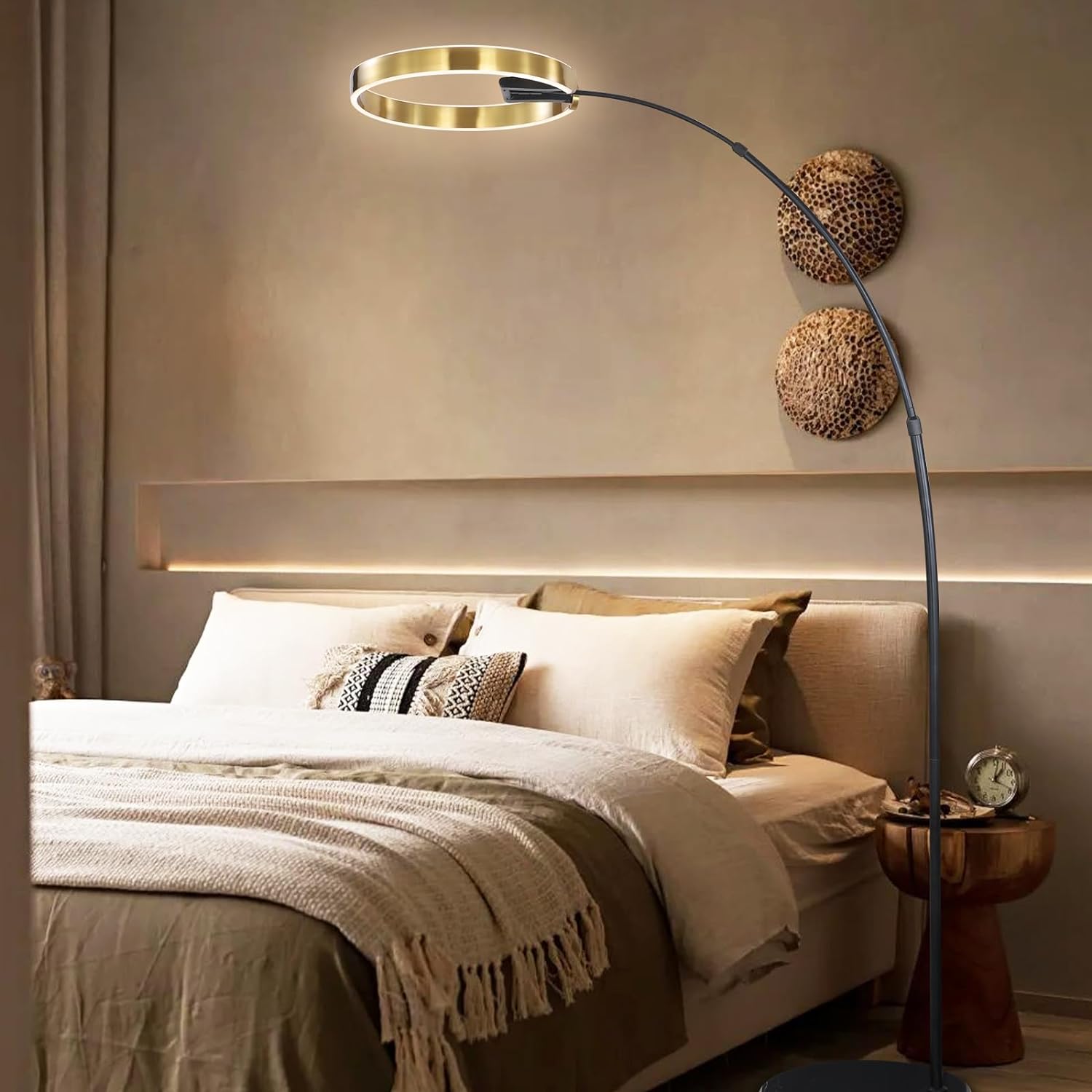 MGJXTWG Arc Floor Lamps for Living Room, Gold Modern Floor Lamp, Tall Pole Lamp with Foot Switch, Adjustable Hanging Drum Shade, Over Couch Arched Reading Light for Bedroom, Office,