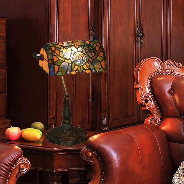 Bankers Table Lamp Stained Glass Piano Desk Lamp Vintage Bedroom Bedside Lamp for Study,Antique Alloy Base,Zipper Switch,Blue Baroque