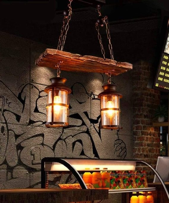 Wood Retro Pendant Lighting Industrial Vintage Chandelier Black Metal Bedroom Restaurant Suspension Lamp Cage Frame with Glass Shade House Loft Bar Coffee Decoration Ceiling Lights Fitting, E27