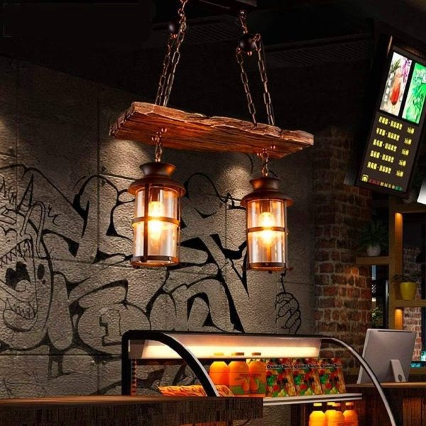Wood Retro Pendant Lighting Industrial Vintage Chandelier Black Metal Bedroom Restaurant Suspension Lamp Cage Frame with Glass Shade House Loft Bar Coffee Decoration Ceiling Lights Fitting, E27