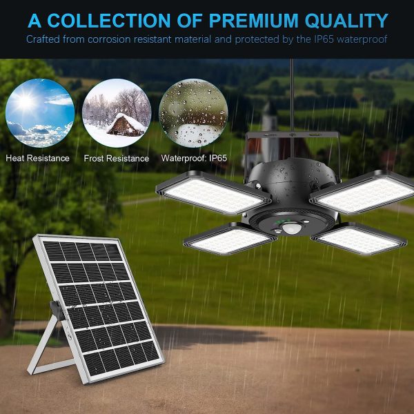 Solar Pendant Light Outdoor Indoor Solar Powered Motion Sensor Shed Light,144LED 1200LM Daytime Work Light with 5 Lighting Modes Remote Control 4 Heads Light for Garage Gazebo Barn (Black)