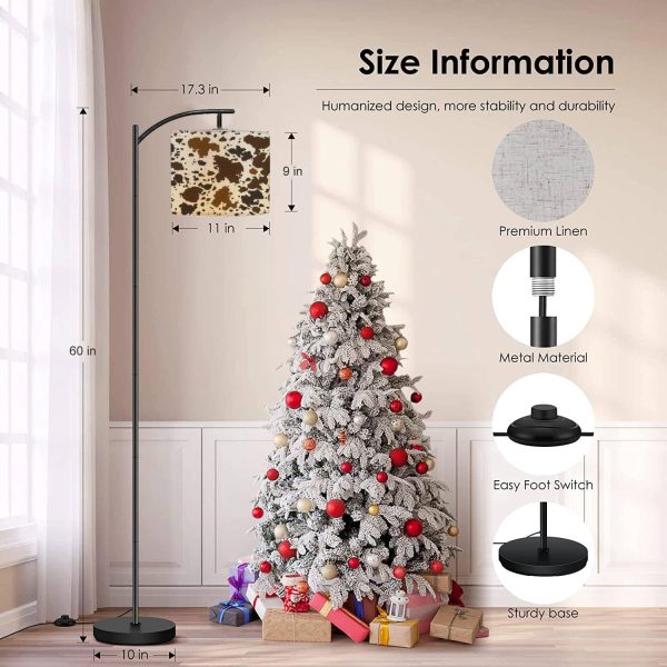 Modern Arc Floor Lamp with Dimmer Mid Century Cow Leather Skin Brown Metal Standing Lamp with Linen Shade Footswitch for Living Room Bedroom Office
