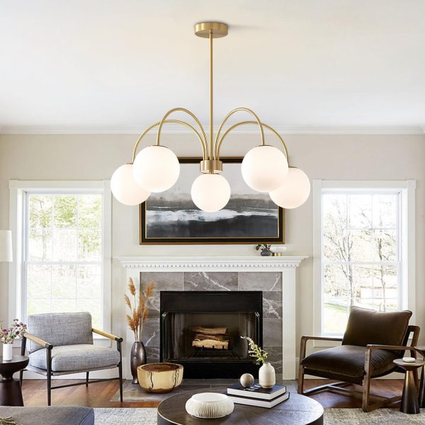 Mid Century Modern Gold Chandelier Large 5 Light White Globe Sputnik Chandelier Height Adjustable Milk Glass Hanging Pendant Lights Kitchen Island Vintage Dining Room Brass Ball Chandelier