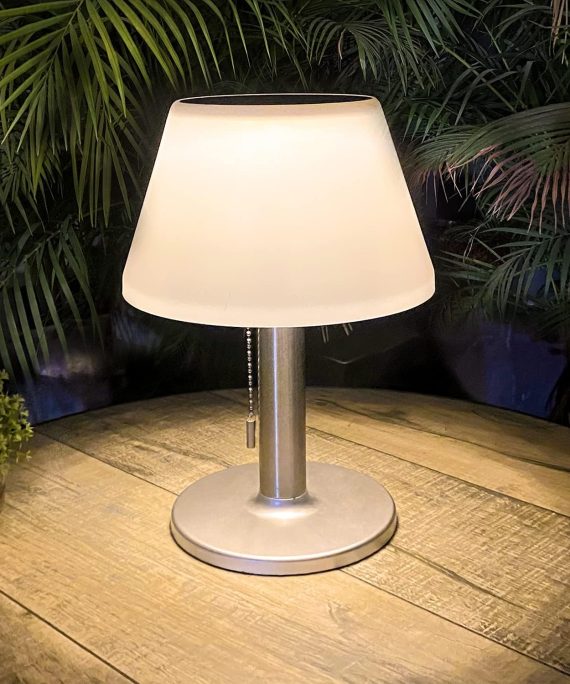 Solar Table Lamp Outdoor Indoor - 3 Lighting Modes, Eye-Caring LED Waterproof Cordless Solar Desk Lamp with Pull Chain for Outside Patio Garden Bedroom Living Room(White Modern Decor)