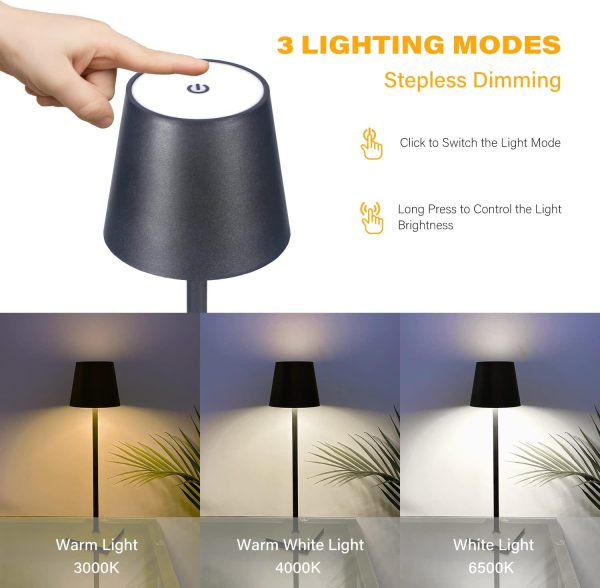 Cordless Table Lamps, 3 Colors Stepless Dimming, 4000mAh Rechargeable Battery LED Desk Lamp for Bedroom/Couple Dinner/Desk/Cafe/Dining Room/Terrace (Black) 14.96 IN X 4.13 IN