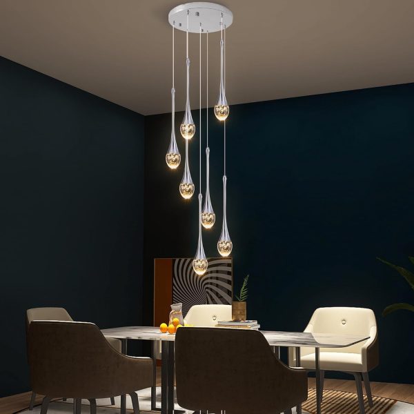 Modern Crystal Bubble Chandelier 7-Lights,High Ceiling Dimmable LED Crystal Spiral Raindrop Light for Foyer Entryway Dining Room with Remote Control Chrome