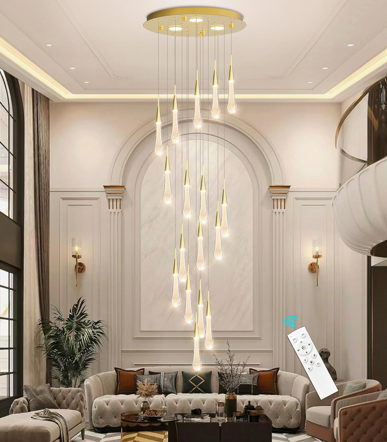 HAIXIANG Modern Crystal Chandeliers for Living Room Teardrops Pendant Light Remote Entrance Chandelier with Dimmable 2700K 4000K 6000K Lighting Fixtures 16 Lights High Ceiling Chandeliers