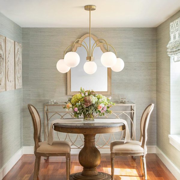 Mid Century Modern Gold Chandelier Large 5 Light White Globe Sputnik Chandelier Height Adjustable Milk Glass Hanging Pendant Lights Kitchen Island Vintage Dining Room Brass Ball Chandelier
