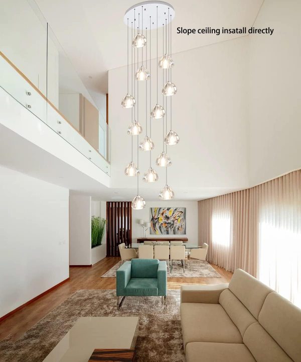 118"H 14 Crystal Lights Modern LED Chandeliers for Foyer Living Room Raindrop Pendants Light Fixture Silver/Chrome Lights for Hight Ceiling Chandeliers Luxury Staircase Lighting LED Bulbs Included