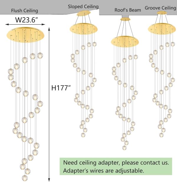 26-Lights Large Chandelier Modern 14 Feet Long Lights for Living Foyer Entryway Staircase Sloped High Ceiling Spiral Pendant Lighting Bubble Crystal Warm Light, Gold