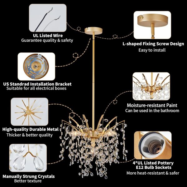 Pendant Light Fixtures, Dia 15.7in Hand-string Teardrop Crystal Modern Chandelier, Height Adjustable Gold Hanging Light Fixture, Mid Century Ceiling Lighting for Kitchen Island Bedroom Dining Room