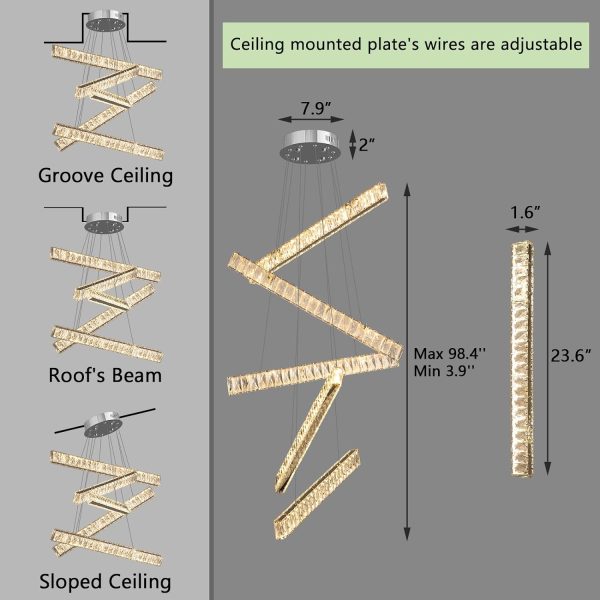 Modern Chandeliers Linear Light for Dining Room Crystal LED Ceiling Pendant Light Fixtures Dimmable High Ceiling Chandeliers for Living Room Staircase Bedroom Kitchen Island Foyer 2700K 6000K