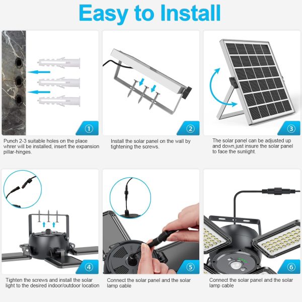 Solar Pendant Light Outdoor Indoor Solar Powered Motion Sensor Shed Light,144LED 1200LM Daytime Work Light with 5 Lighting Modes Remote Control 4 Heads Light for Garage Gazebo Barn (Black)