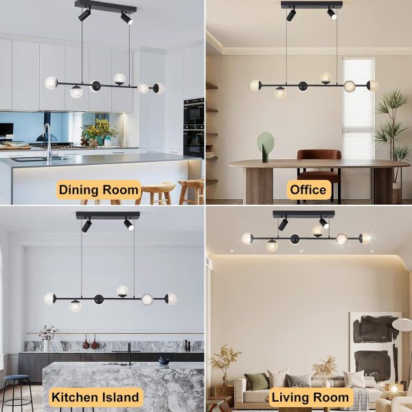Modern Globe Pendant Light, 47in Dimmable LED Black Chandelier Light Fixture, Linear Hanging Pendant Light Fixtures Bubble Chandelier for Dining Room Table Kitchen Island Home (6-Bulb)