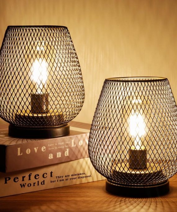 Set of 2 Metal Battery Operated Lamp 17cm Tall Metal Cage Shape Cordless Table Lamp Battery Lanterns with LED Edsion Bulb for Patio Garden Wedding Parties Indoor Outdoor(Brown)