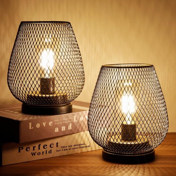 Set of 2 Metal Battery Operated Lamp 17cm Tall Metal Cage Shape Cordless Table Lamp Battery Lanterns with LED Edsion Bulb for Patio Garden Wedding Parties Indoor Outdoor(Brown)