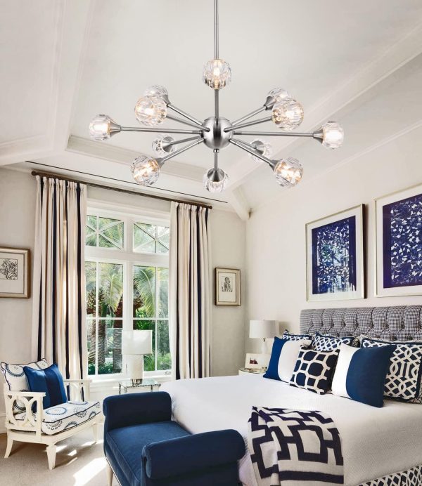 Modern Crystal Chandelier Light, Sputnik Style Chandeliers Brushed Nickel Pendant Light Branches 12-Lights Crystal Ceiling Light Fixtures for Dining Room Bedroom Living Room G9 Bulbs