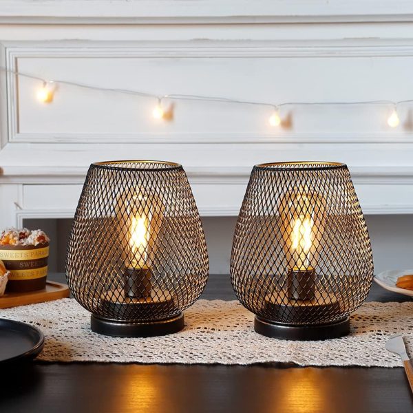 Set of 2 Metal Battery Operated Lamp 17cm Tall Metal Cage Shape Cordless Table Lamp Battery Lanterns with LED Edsion Bulb for Patio Garden Wedding Parties Indoor Outdoor(Brown)