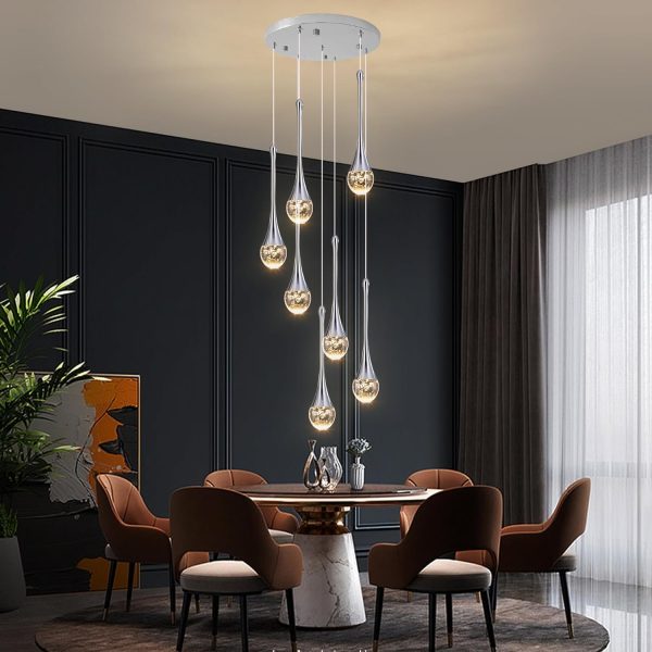 Modern Crystal Bubble Chandelier 7-Lights,High Ceiling Dimmable LED Crystal Spiral Raindrop Light for Foyer Entryway Dining Room with Remote Control Chrome