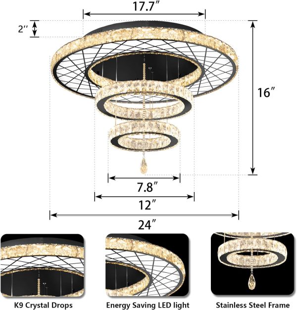 Modern Ceiling Light 2 Rings Chandelier, Dining Room Bedroom Close to Ceiling Light Fixtures Chandeliers Interior Lighting Black LED Lights Dimmable 3000-6000K Foyer Light