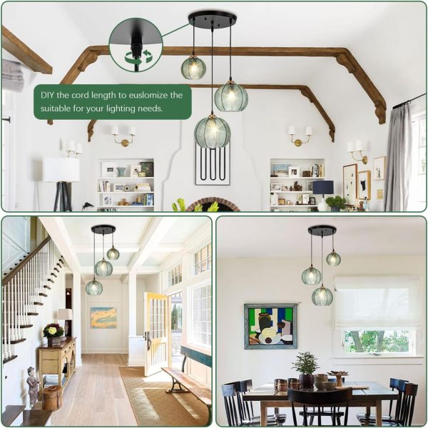 Glass Pendant Light Kitchen Island Modern Chandelier Pendant Lighting Green Ribbed Glass Shade Globe Pendant Light Fixture for Kitchen Dining Room Living Room Bedroom Farmhouse
