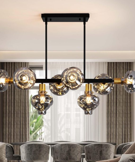 Mid Century Modern Chandelier 8-Light Black and Gold Chandeliers Fixture with Smoke Gray Glass,Ceiling Light Fixture Height Adustable Pendant Light for Kitchen Island Living Room Dining Room