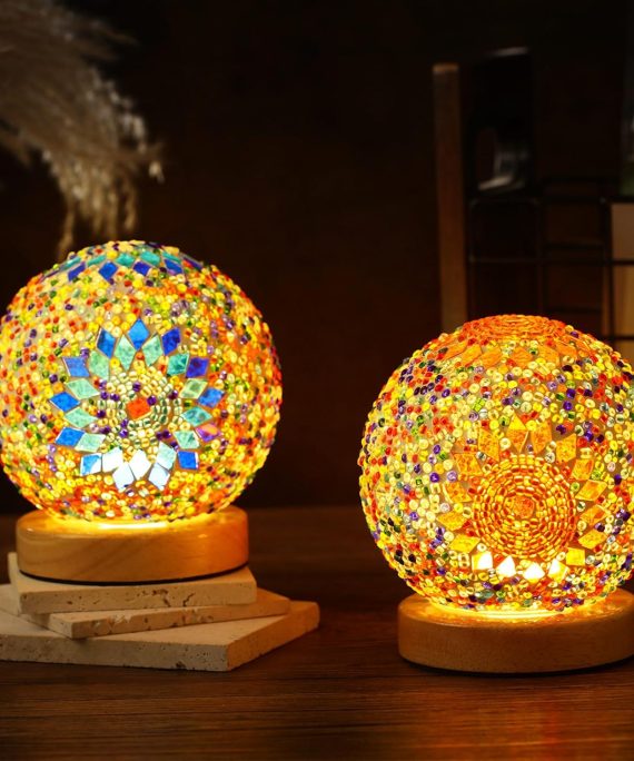 2 Pcs Turkish Table Lamp Turkish Moroccan Lamp Bohemian Style Lamp Mosaic Glass Lamps with Wooden Base for Living Room Bedroom Decorations USB Power Supply, 2 Colors