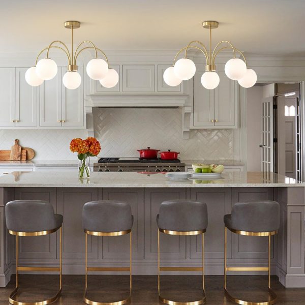 Mid Century Modern Gold Chandelier Large 5 Light White Globe Sputnik Chandelier Height Adjustable Milk Glass Hanging Pendant Lights Kitchen Island Vintage Dining Room Brass Ball Chandelier