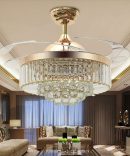 42" Reversible Ceiling Fans Chandeliers Modern Retractable Ceiling Fan with LED Light and Remote, Invisible Crystal Ceiling fan with 4 Clear ABS Blade, Diningroom Ceiling Light Kits with Fans (Gold)