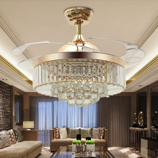 42" Reversible Ceiling Fans Chandeliers Modern Retractable Ceiling Fan with LED Light and Remote, Invisible Crystal Ceiling fan with 4 Clear ABS Blade, Diningroom Ceiling Light Kits with Fans (Gold)