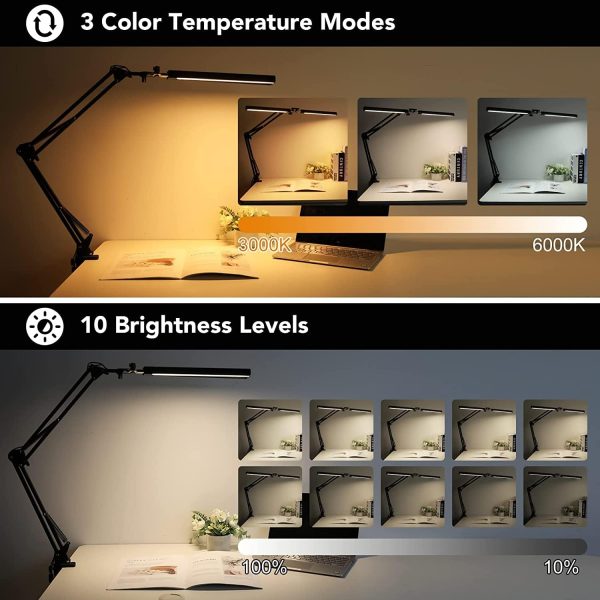 LED Desk Lamp Double Head, 24W Brightest Architect Table Lamp for Home Office, 73cm Modern Monitor Light Double Swing Arm, 3 Colors 10 Brightness for Studio Reading Piano (Black)