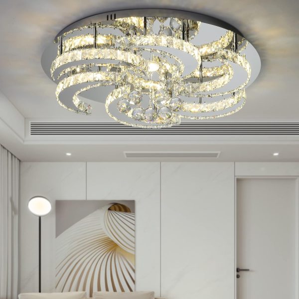 Sunny Hawaii Large Crystal Chandelier, 24in Flush Mount Flower Ceiling Light Fixture with Remote Control, Modern Led Indoor Ceiling Lamp for Kitchen Bathroom Bedroom Dining Room (Dimmable)