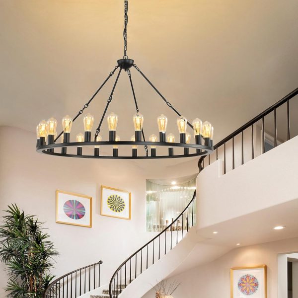 celimi Black Wagon Wheel Chandelier 24-Light Farmhouse Chandeliers Round Industrial Ceiling Light fixtures 48 inch Island Hanging Pendant for High Ceilings Living Dining Room Foyer Entryway