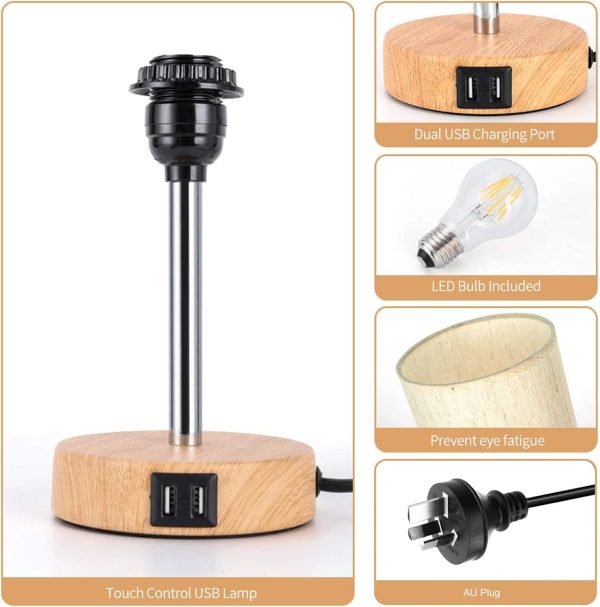 LED Bedside Lamp with USB Port Touch Control Table Lamp for Bedroom Wood 3 Way Dimmable Nightstand Lamp with Round Flaxen Fabric Shade for Living Room, Dorm, Home Office (LED Bulb Included)