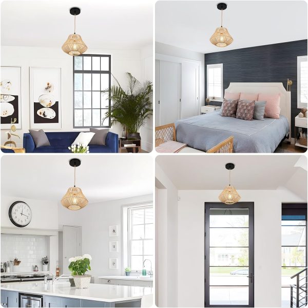 Farmhouse Rattan Pendant Lights, Boho Ceiling Chandelier Light Fixture, Natural Bamboo Shade, Cage Basket Pendant Hanging for Dining Room Living Room Kitchen Bedroom, P1011