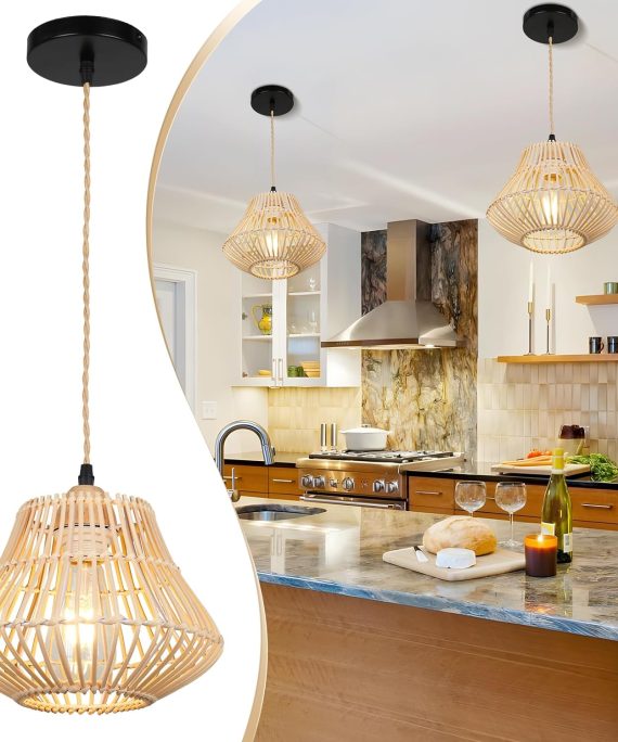 Farmhouse Rattan Pendant Lights, Boho Ceiling Chandelier Light Fixture, Natural Bamboo Shade, Cage Basket Pendant Hanging for Dining Room Living Room Kitchen Bedroom, P1011