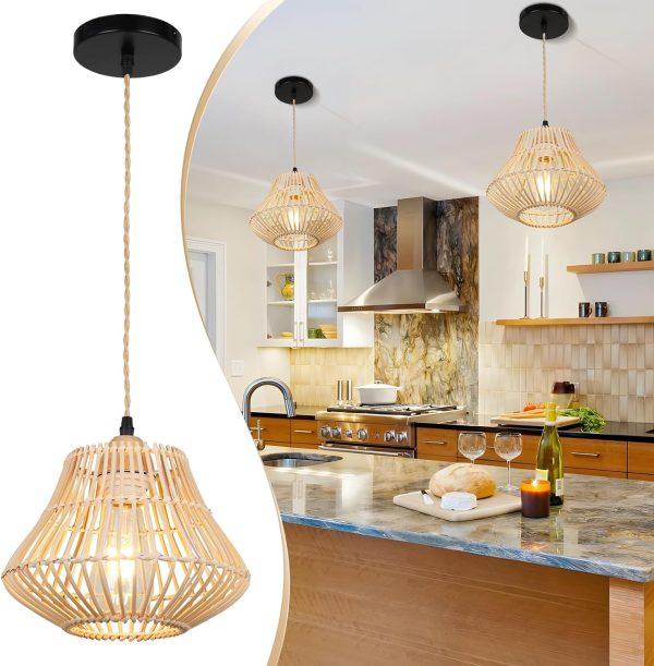 Farmhouse Rattan Pendant Lights, Boho Ceiling Chandelier Light Fixture, Natural Bamboo Shade, Cage Basket Pendant Hanging for Dining Room Living Room Kitchen Bedroom, P1011