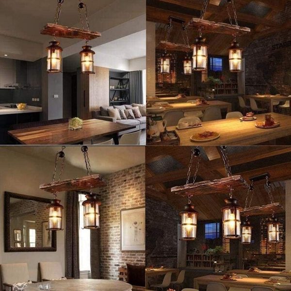 Wood Retro Pendant Lighting Industrial Vintage Chandelier Black Metal Bedroom Restaurant Suspension Lamp Cage Frame with Glass Shade House Loft Bar Coffee Decoration Ceiling Lights Fitting, E27