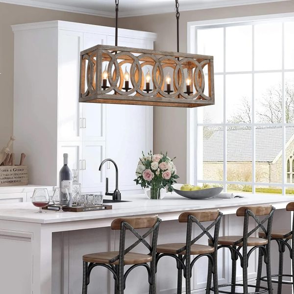 5-Light Farmhouse Kitchen Island Chandelier Rectangular Dining Room Lights Fixtures Over Table, 30" Linear Rustic Wood Ceiling Pendant Hanging Lighting Pool Table Light Fixture for Restaurant
