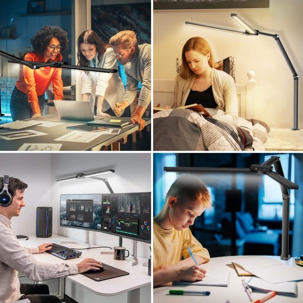 LED Desk Lamp,78cm Architect Double Head Light, 24W Bright Workbench Home Office Lighting with Light Sensor, Monitor Desk Clamp Light for Work Read Painting - 5 Colors/Brightness, 40Min Timer