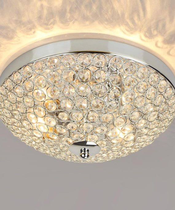 Modern Flush Mount Crystal Ceiling Light, 2-Light Small Chandelier Close to Ceiling Light Fixtures for Bedroom, Entryway, Foyer, Hallway, Dining Room, Chrome Finish Bowl Shape Shade E12