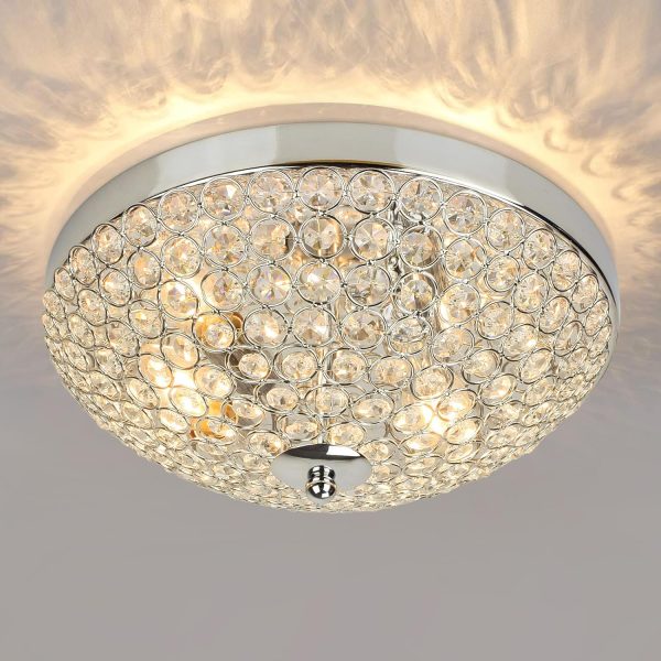 Modern Flush Mount Crystal Ceiling Light, 2-Light Small Chandelier Close to Ceiling Light Fixtures for Bedroom, Entryway, Foyer, Hallway, Dining Room, Chrome Finish Bowl Shape Shade E12