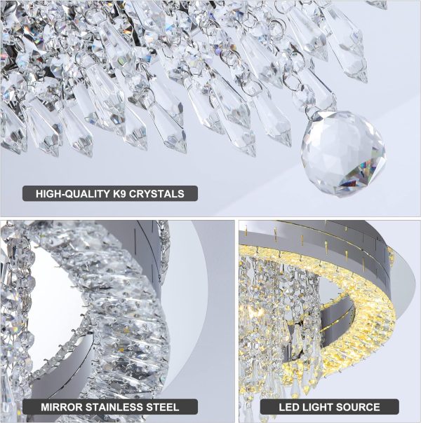 Sunny Hawaii Large Elegant Bead Crystal Chandelier, 24in Modern Led Indoor Ceiling Lamp, Flush Mount Ceiling Light Fixture for Kitchen Bathroom Bedroom Dining Room.