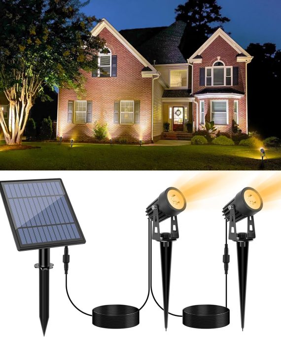 Led Solar Spotlights 2W Solar Powered Landscape Lights Outdoor Spotlights Low Voltage IP65 Waterproof 16.4ft Cable Auto On/Off for Outdoor Garden Yard Landscape Downlight Warm White
