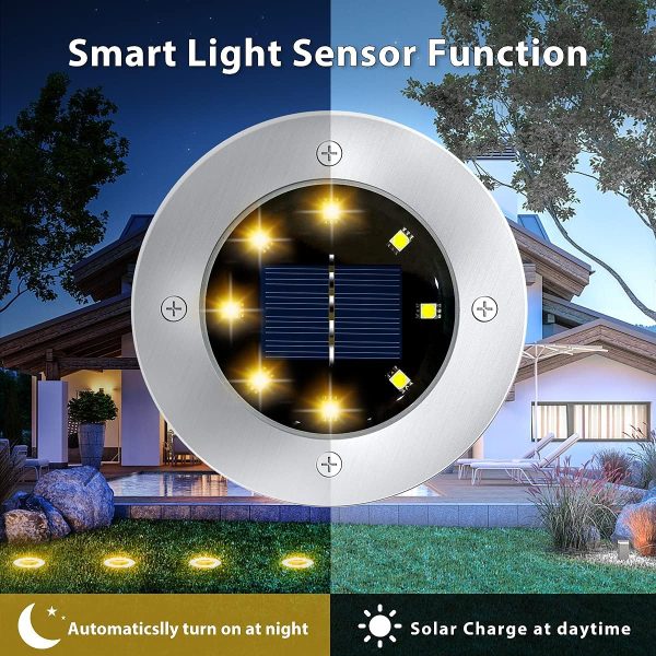 Solar Ground Lights - 8LED Solar Garden Lights Outdoor Waterproof Sidewalk Disk Bright In-Ground Landscape Lighting for Lawn Patio Pathway Yard Steps Deck Walkway Light (Warm White) (10 Pack)